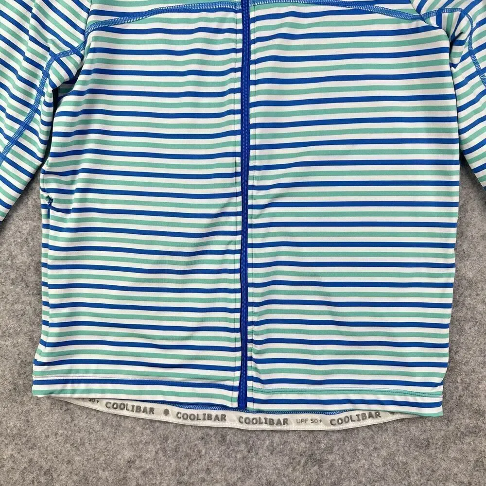 Coolibar Turtle Bay Swim Jacket Youth L Blue Green Striped Full Zip UPF 50+